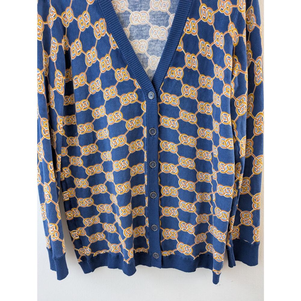 J McLaughlin Kristyn Cardigan Navy Gold Chain Print‎ Cotton Modal - Picture 2 of 9